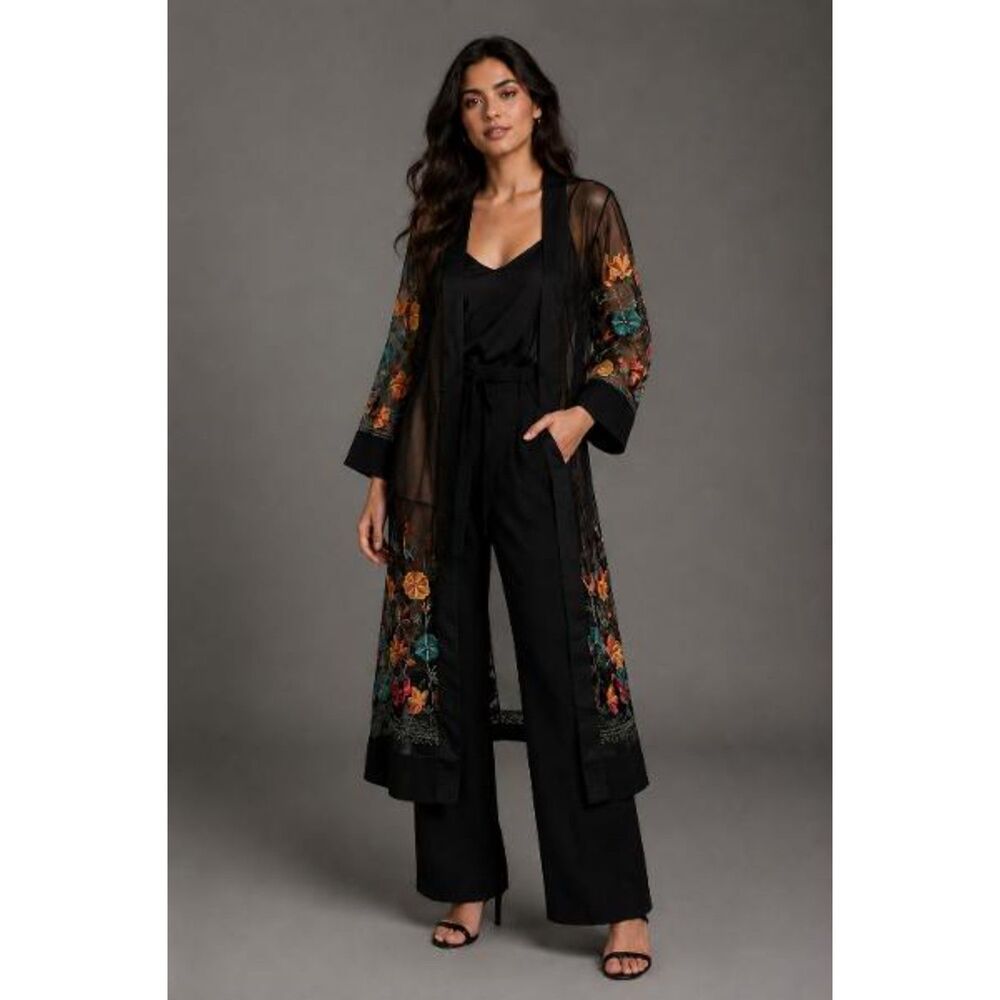 ASHA Kimono Duster Cover Up Black Sheer Floral Embroidered Midi Length One Size